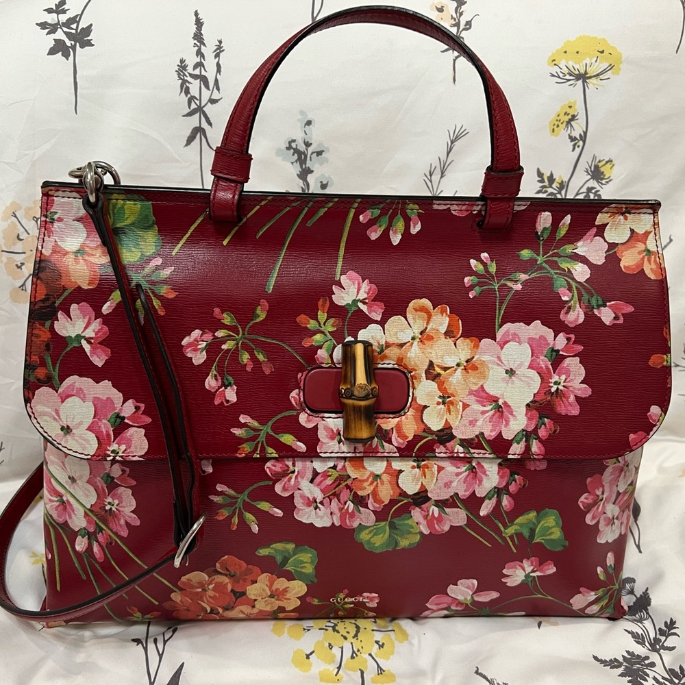 Authentic Gucci Leather Blooms Bamboo Daily Large Satchel - Picture 2 of 16